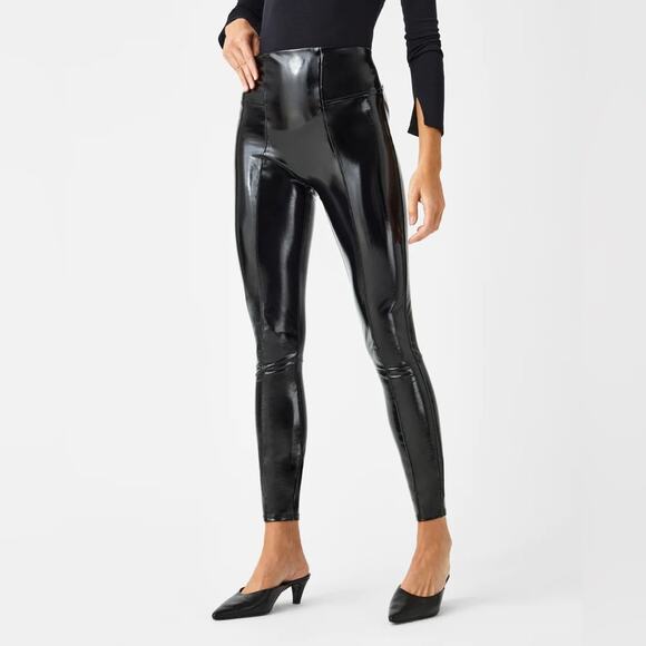 Spanx Black High Waist Faux Patent Leather Seamless Leggings XL Petite - Picture 1 of 7